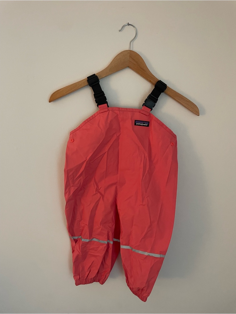 Patagonia Coral Pink Infant Rain Overalls with Black Straps